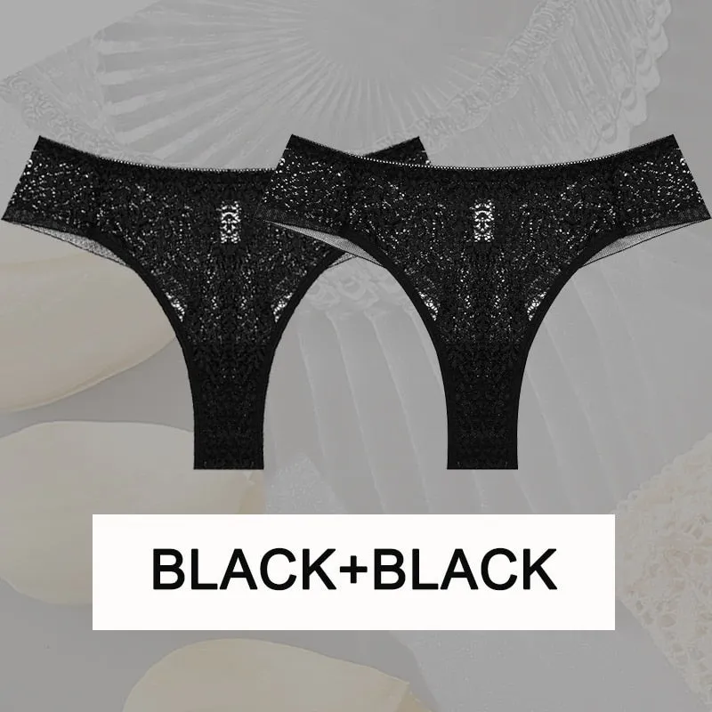 2 Pack Set Floral Lace Women G-String Panty Brazilian Panties Underwear Thongs V Waist Mesh Lingerie Set