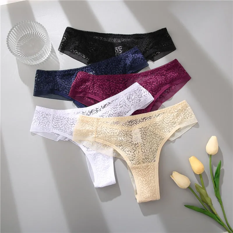 2 Pack Set Floral Lace Women G-String Panty Brazilian Panties Underwear Thongs V Waist Mesh Lingerie Set