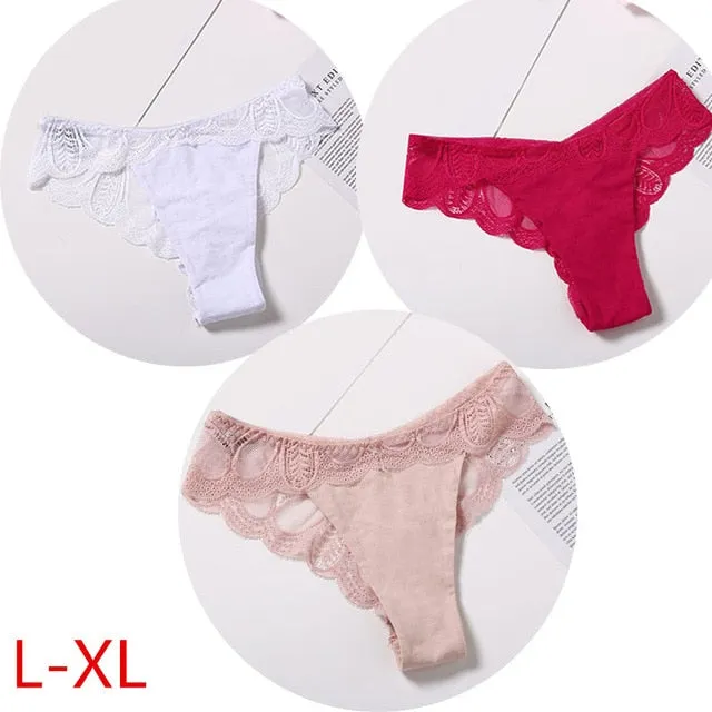 3 Pack Cotton G-string Briefs Lace Underwear Floral Thong Panties