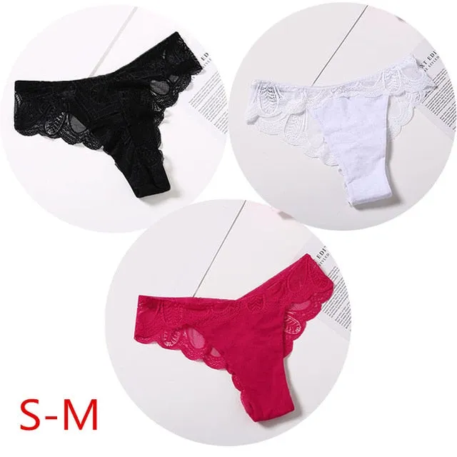 3 Pack Cotton G-string Briefs Lace Underwear Floral Thong Panties