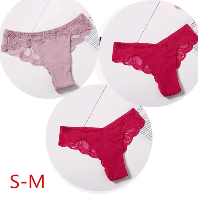 3 Pack Cotton G-string Briefs Lace Underwear Floral Thong Panties