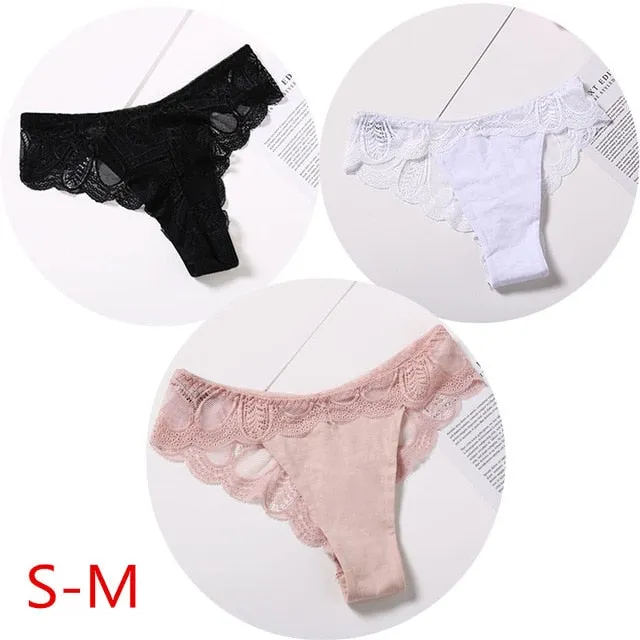 3 Pack Cotton G-string Briefs Lace Underwear Floral Thong Panties