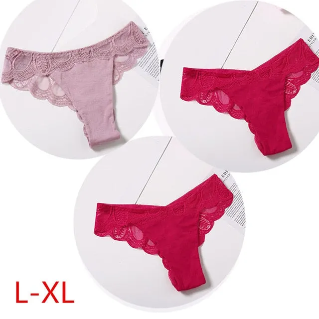 3 Pack Cotton G-string Briefs Lace Underwear Floral Thong Panties