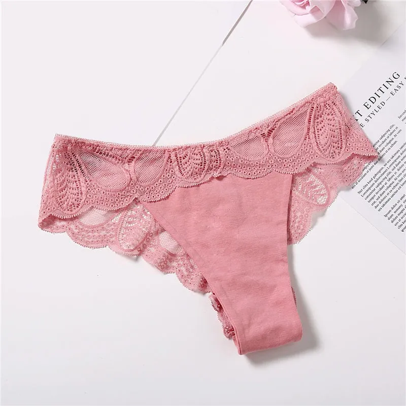 3 Pack Cotton G-string Briefs Lace Underwear Floral Thong Panties