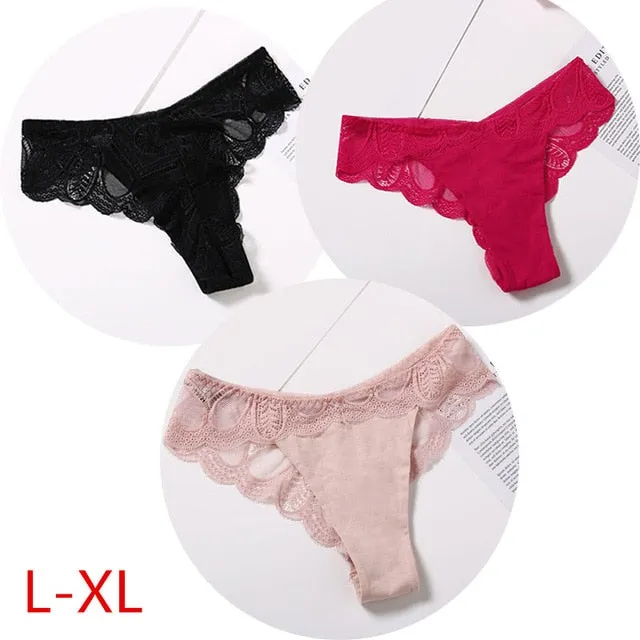 3 Pack Cotton G-string Briefs Lace Underwear Floral Thong Panties