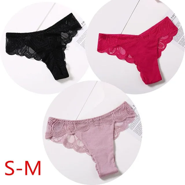 3 Pack Cotton G-string Briefs Lace Underwear Floral Thong Panties