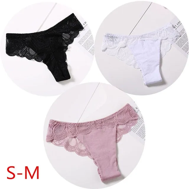 3 Pack Cotton G-string Briefs Lace Underwear Floral Thong Panties