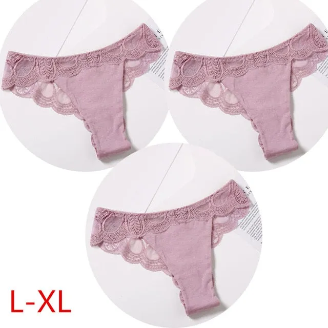 3 Pack Cotton G-string Briefs Lace Underwear Floral Thong Panties