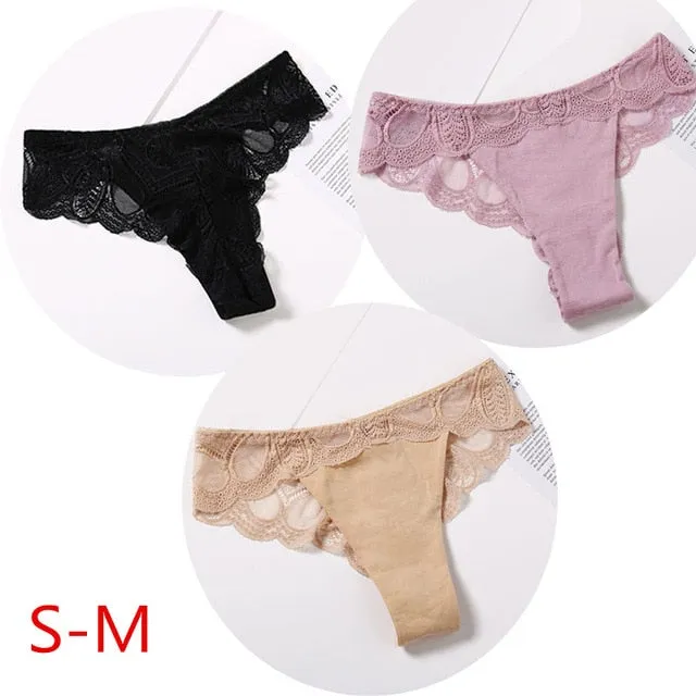 3 Pack Cotton G-string Briefs Lace Underwear Floral Thong Panties