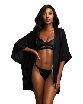 3 Piece Robe, Bralette & Thong Set - Small -  Black