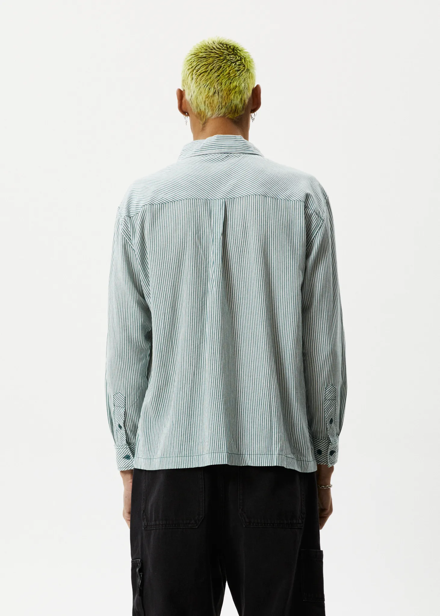 AFENDS Mens Intergalactic - Long Sleeve Shirt - Emerald Stripe