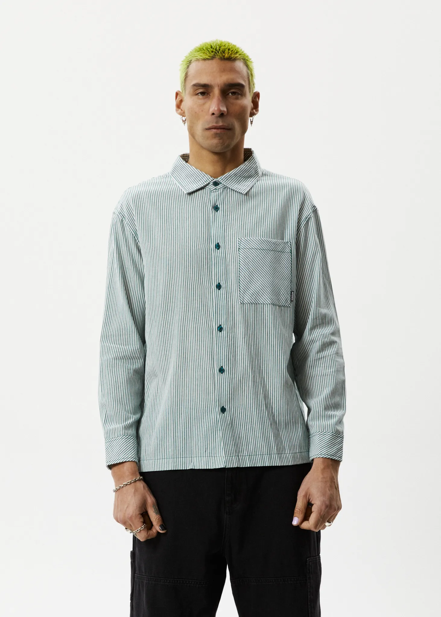 AFENDS Mens Intergalactic - Long Sleeve Shirt - Emerald Stripe