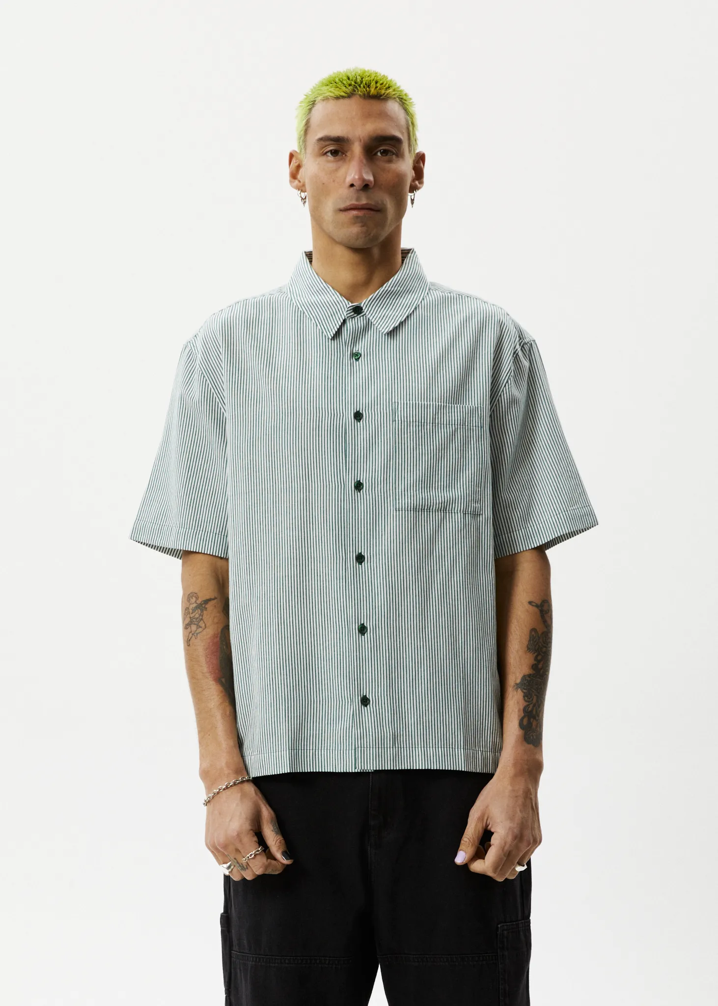 AFENDS Mens Intergalactic - Short Sleeve Shirt - Emerald Stripe