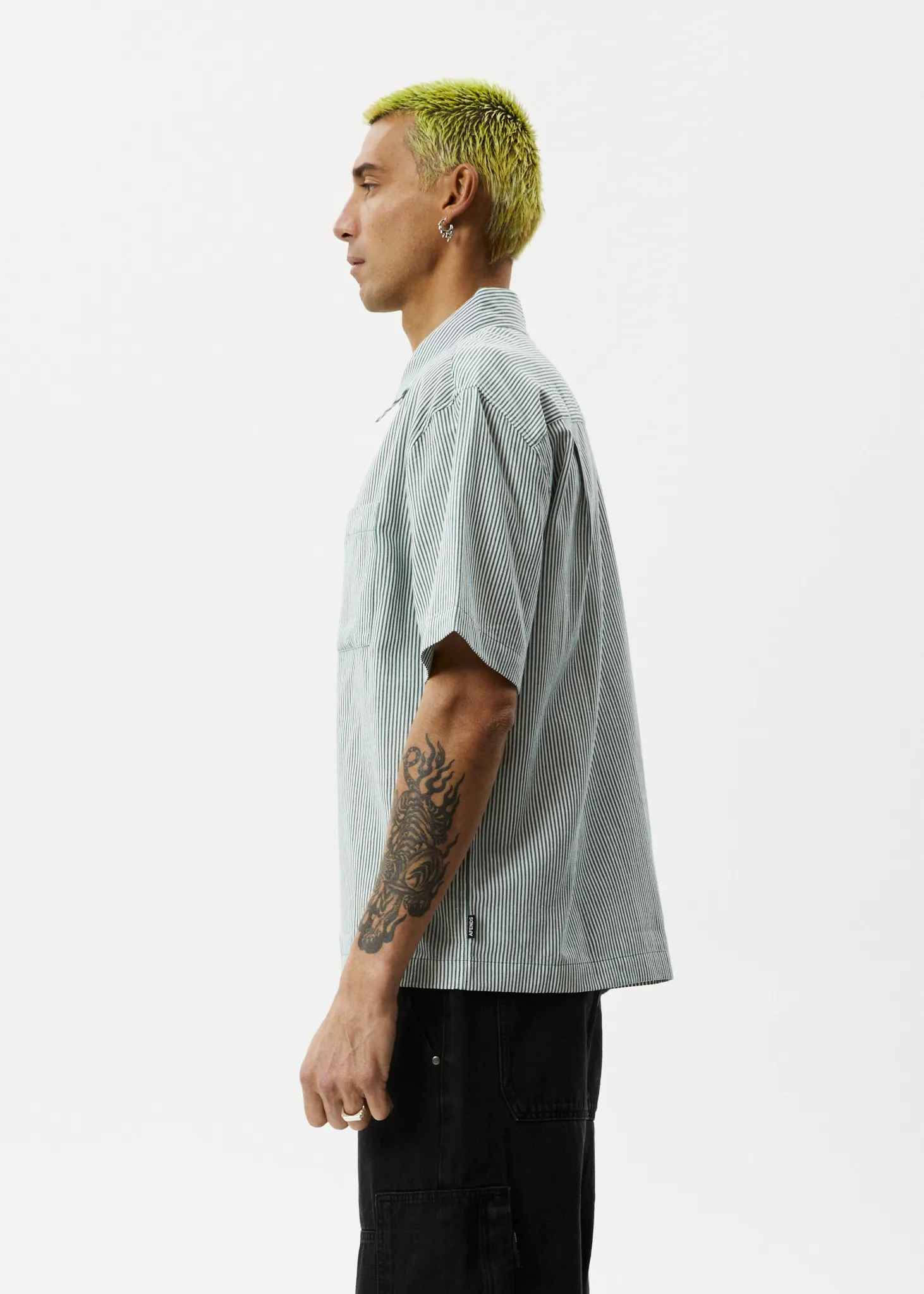 AFENDS Mens Intergalactic - Short Sleeve Shirt - Emerald Stripe