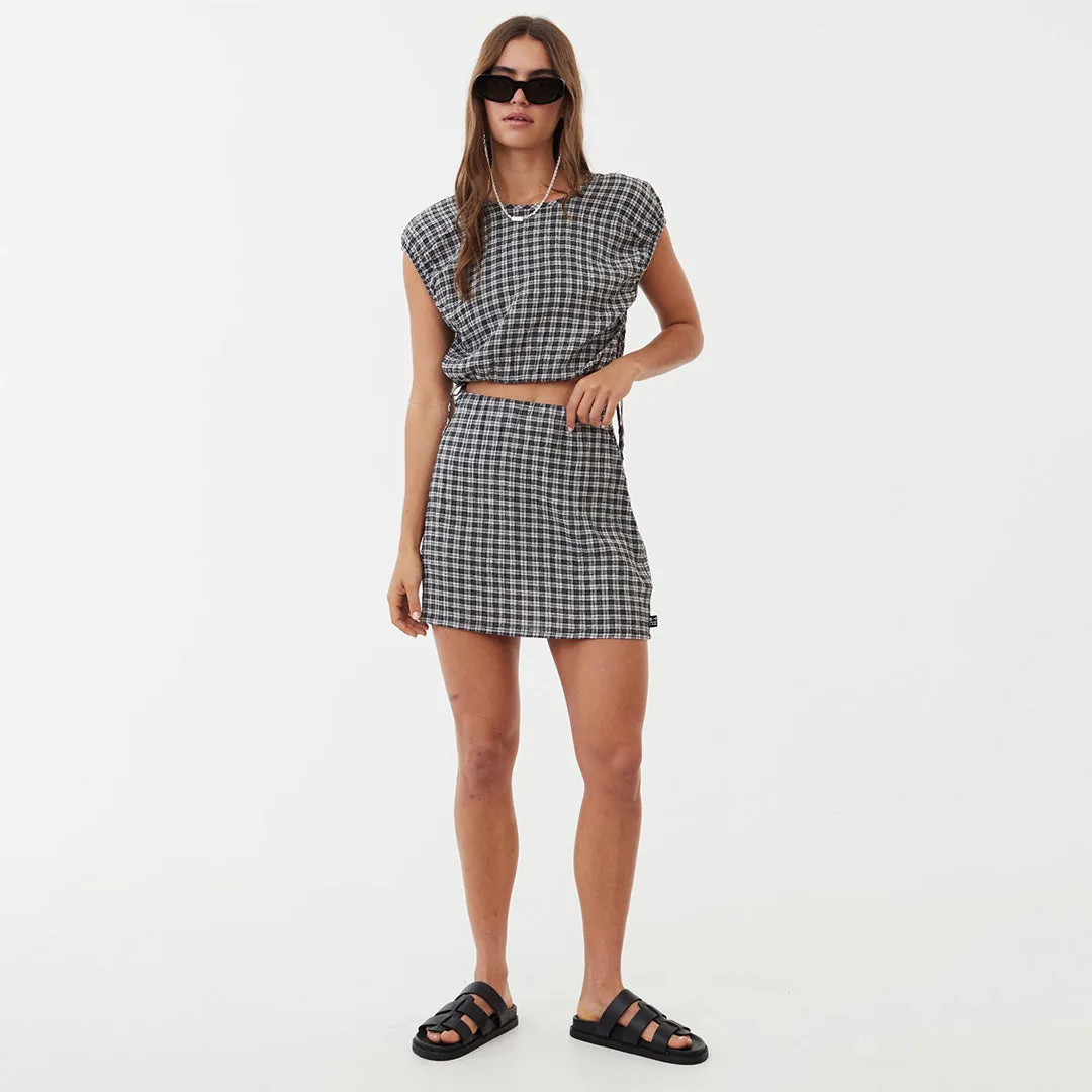 AFENDS Womens Asta - Seeksucker Check Tie Top - Steel