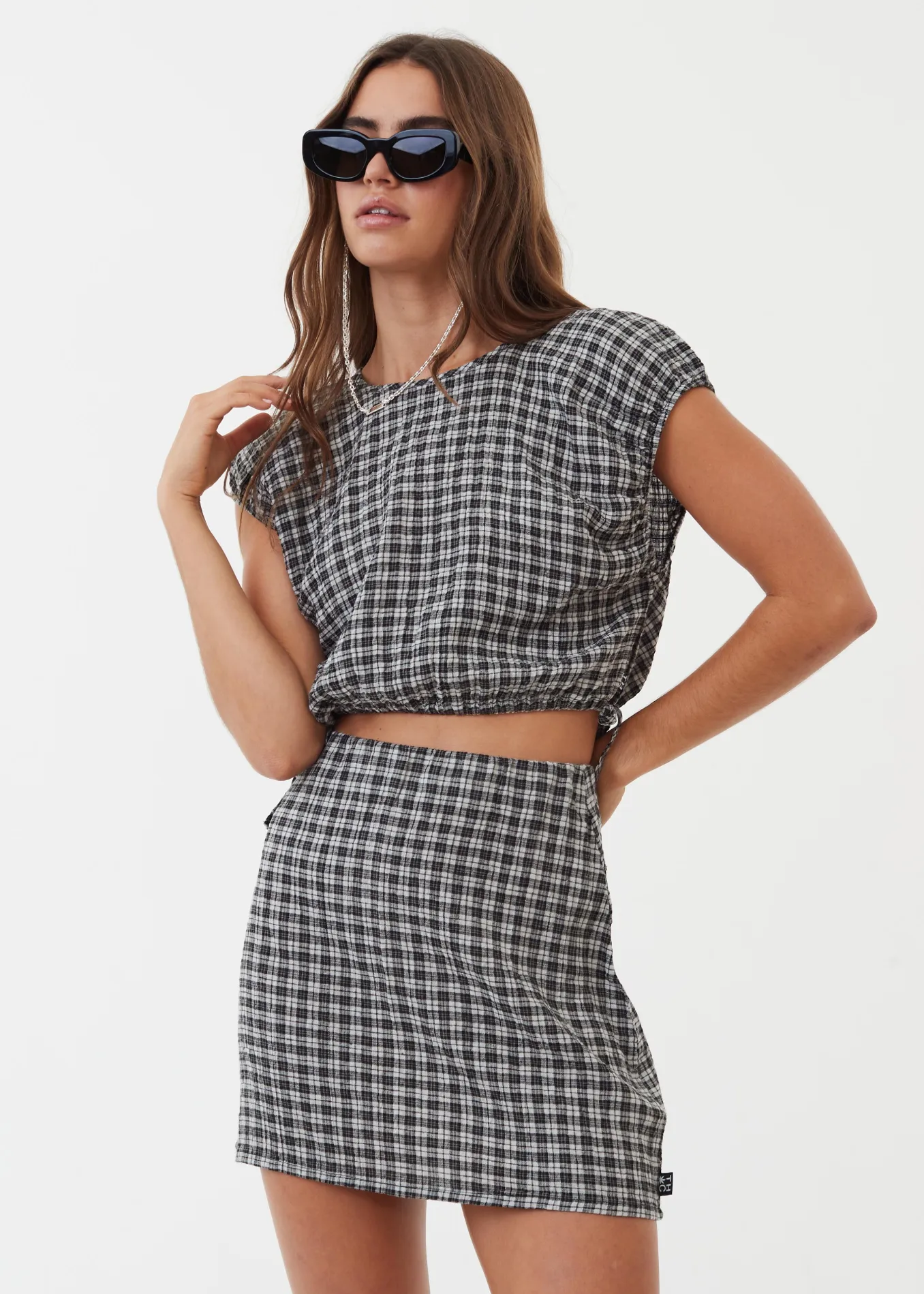 AFENDS Womens Asta - Seeksucker Check Tie Top - Steel