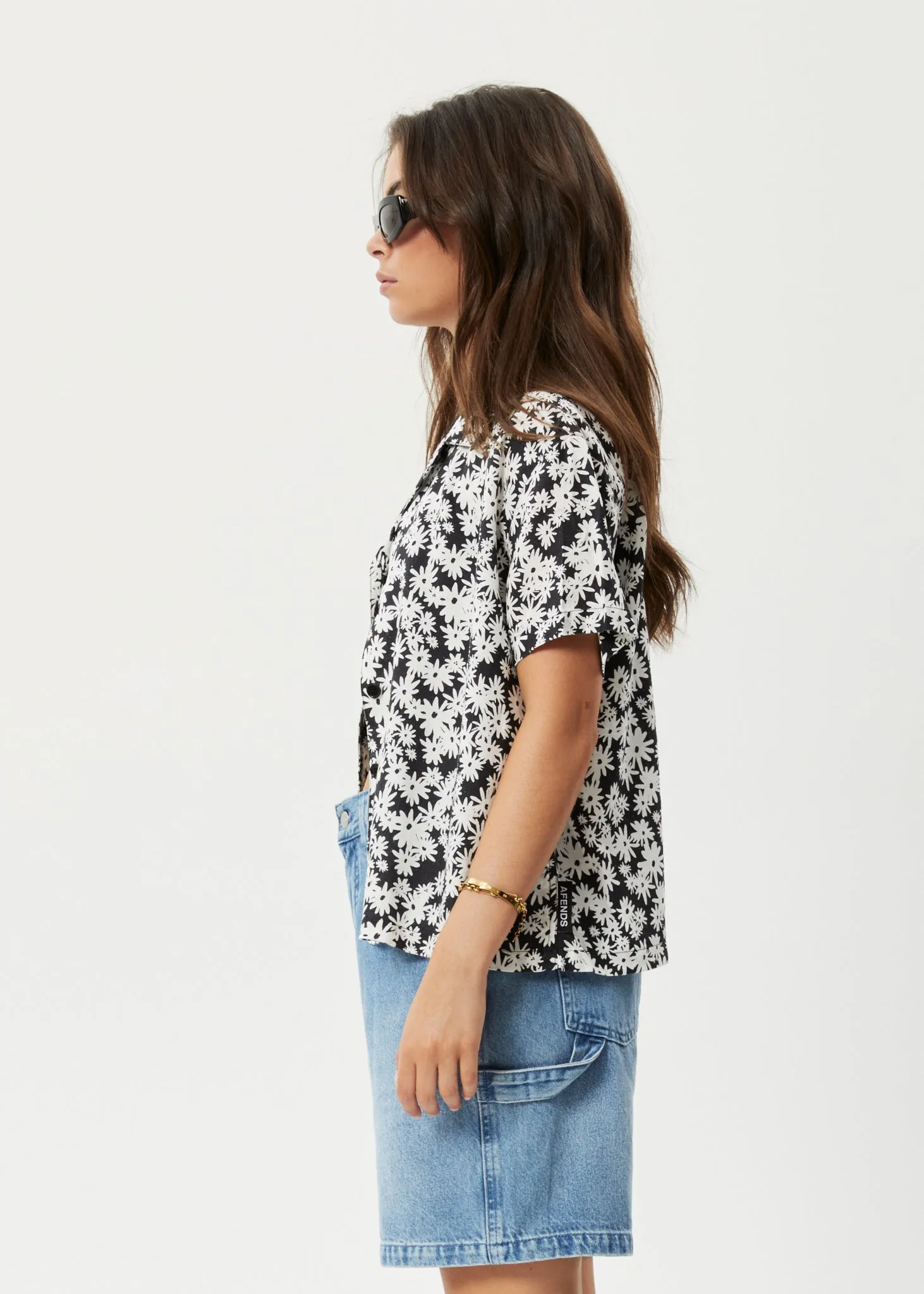 AFENDS Womens Benny - Short Sleeve Shirt - Black Daisy