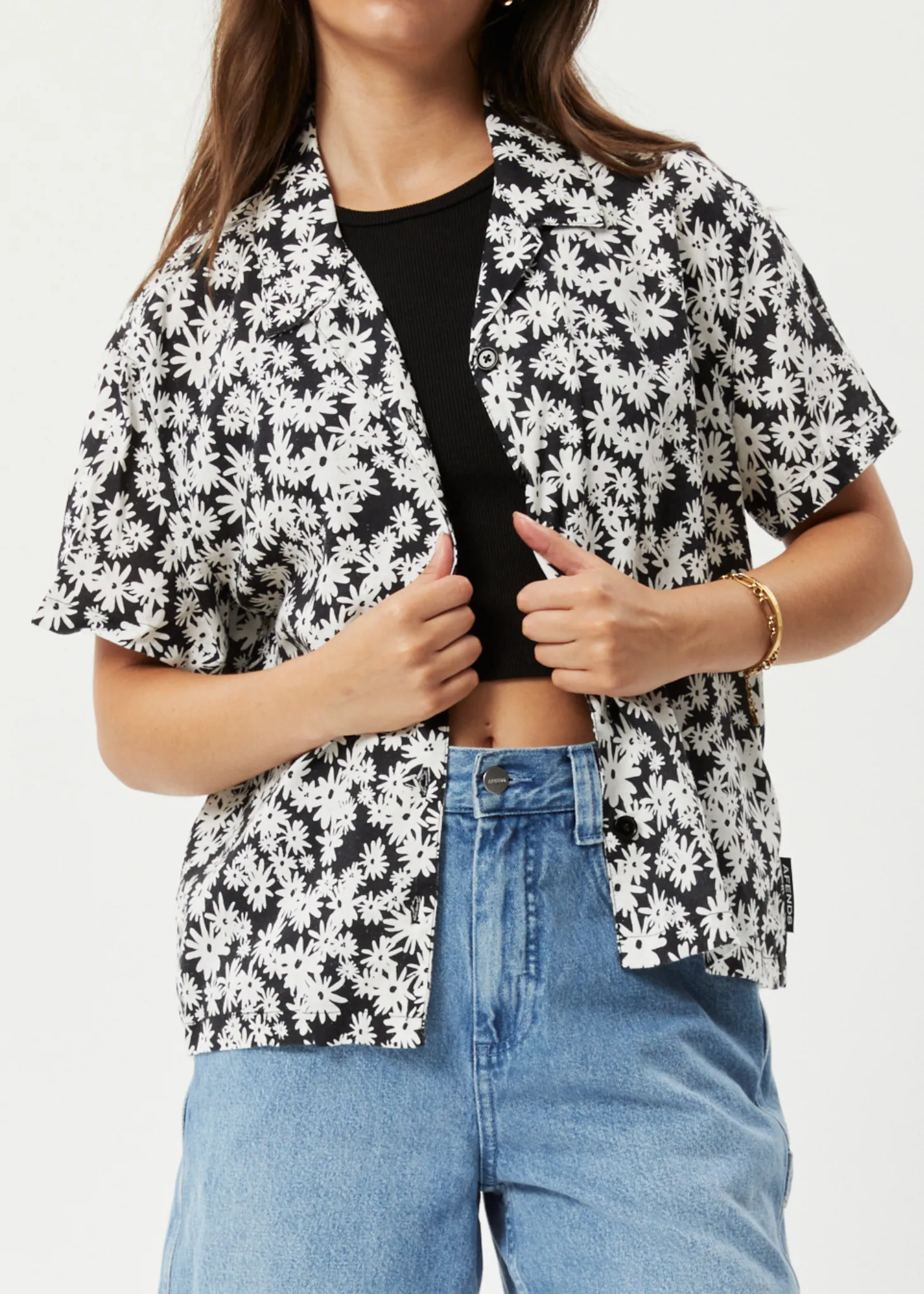 AFENDS Womens Benny - Short Sleeve Shirt - Black Daisy