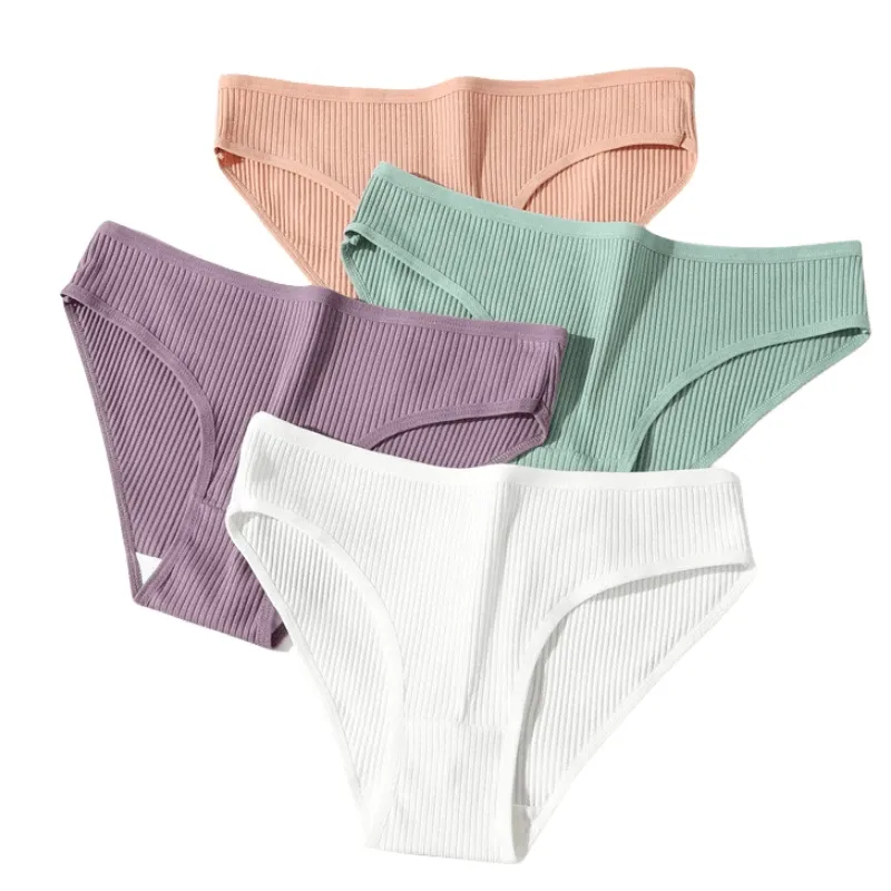 Breathable Solid Color Ribbed Cotton Panties - SF2175