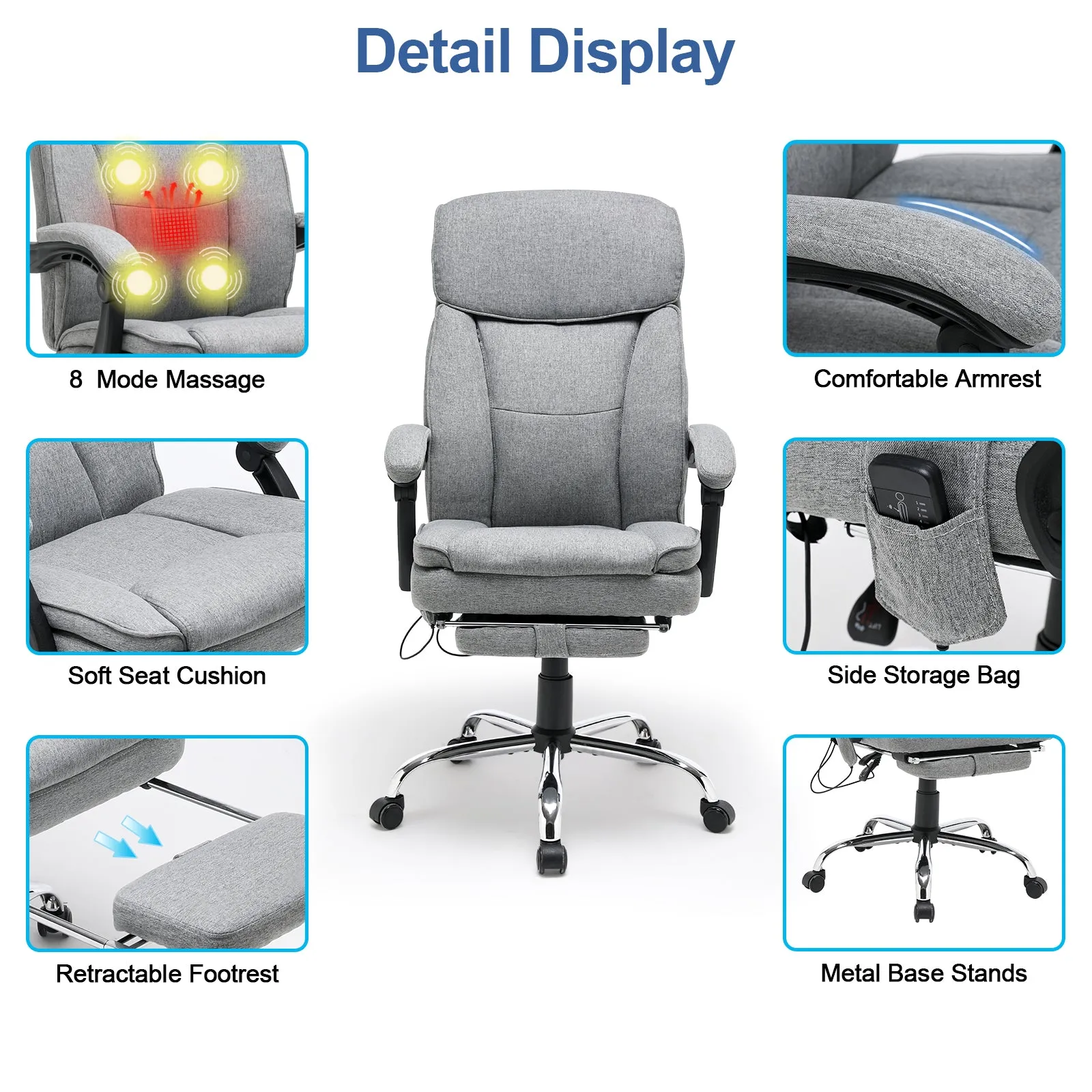 Ergonomic Reclining  Massage Office Chair with Breathable Fabric Light Gray