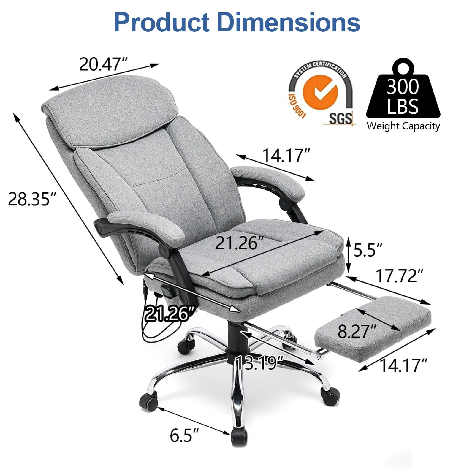 Ergonomic Reclining  Massage Office Chair with Breathable Fabric Light Gray