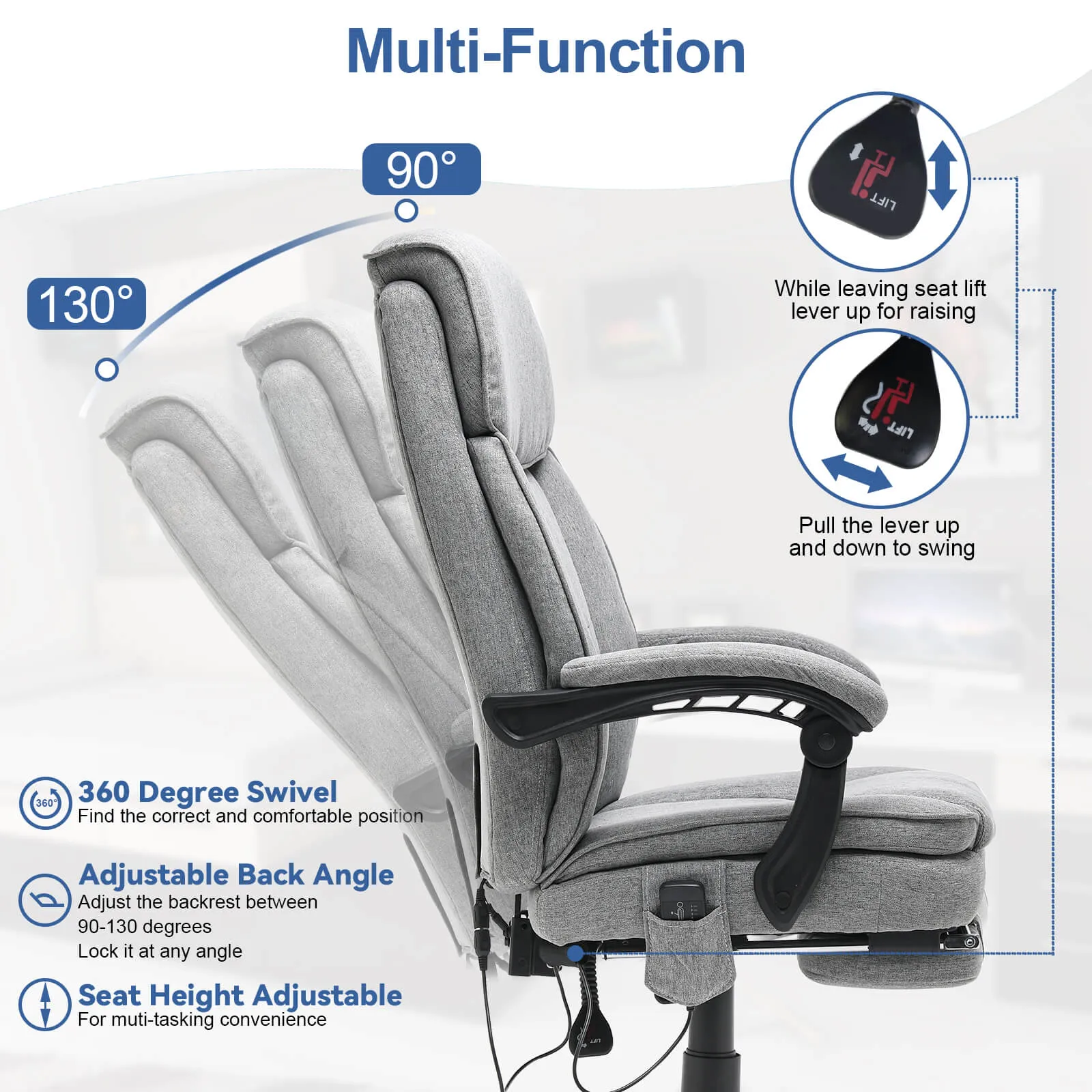 Ergonomic Reclining  Massage Office Chair with Breathable Fabric Light Gray