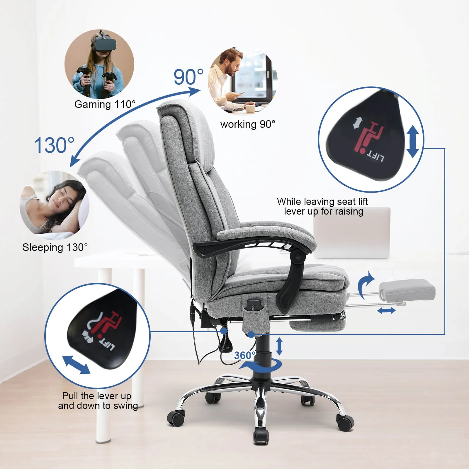 Ergonomic Reclining  Massage Office Chair with Breathable Fabric Light Gray