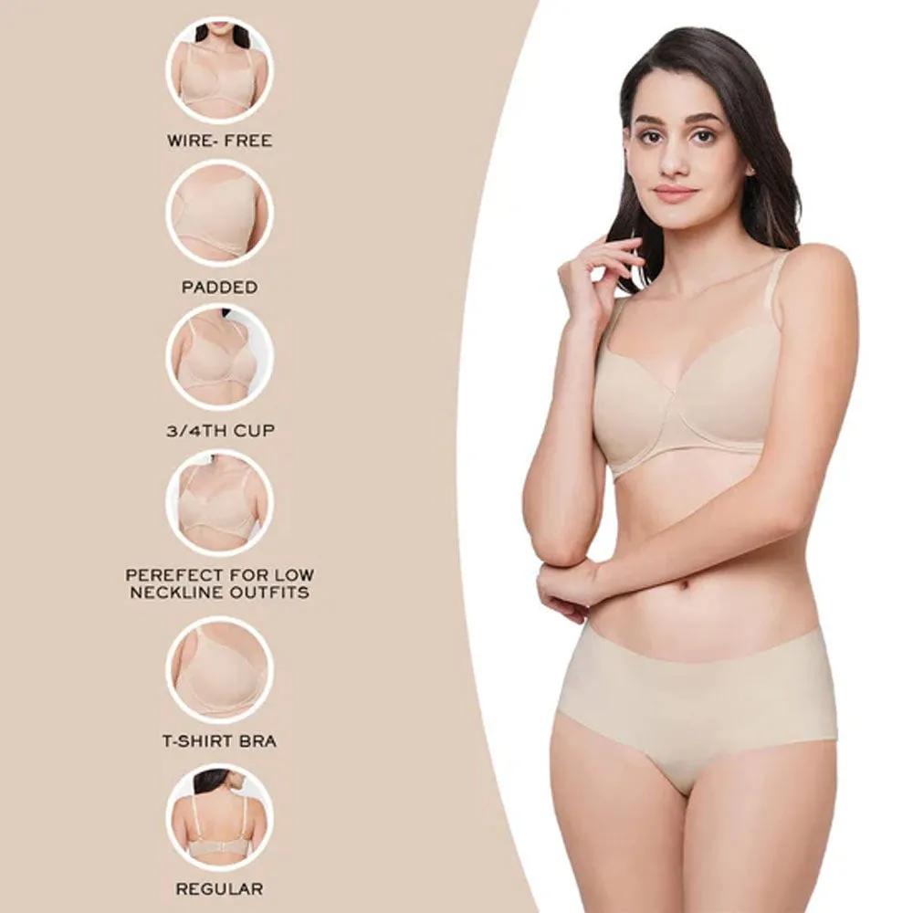 Essentials Padded Non-wired 3/4th Cup Everyday Wear Cotton Blend T-Shirt Bra - Beige