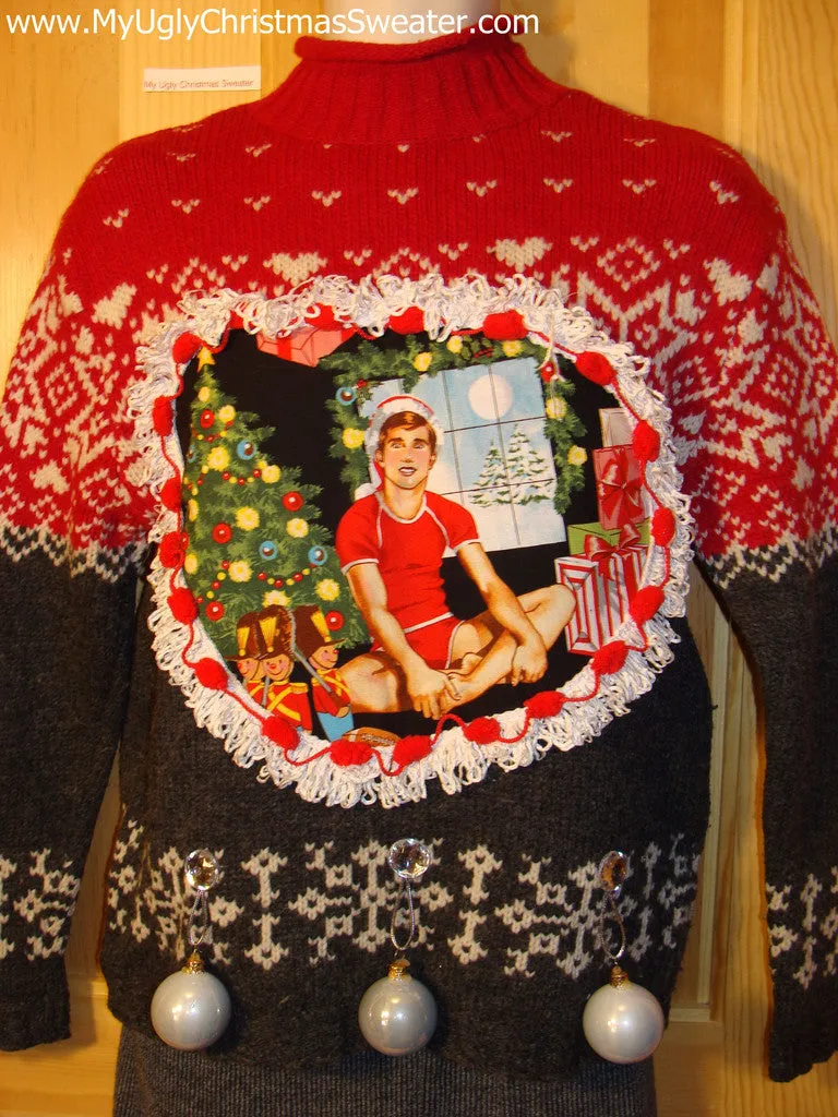 Hottie Guy Tacky Ugly Christmas Sweater Dangling Fringe & 3D Ornaments (b17)