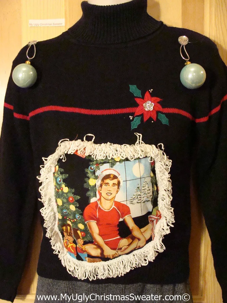 Hottie Guy Tacky Ugly Christmas Sweater Dangling Fringe & 3D Ornaments (b20)