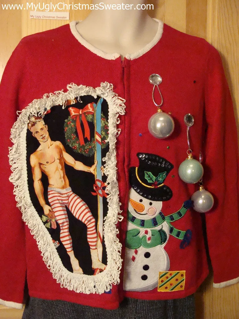 Hottie Guy Tacky Ugly Christmas Sweater Dangling Fringe & 3D Ornaments (b4)