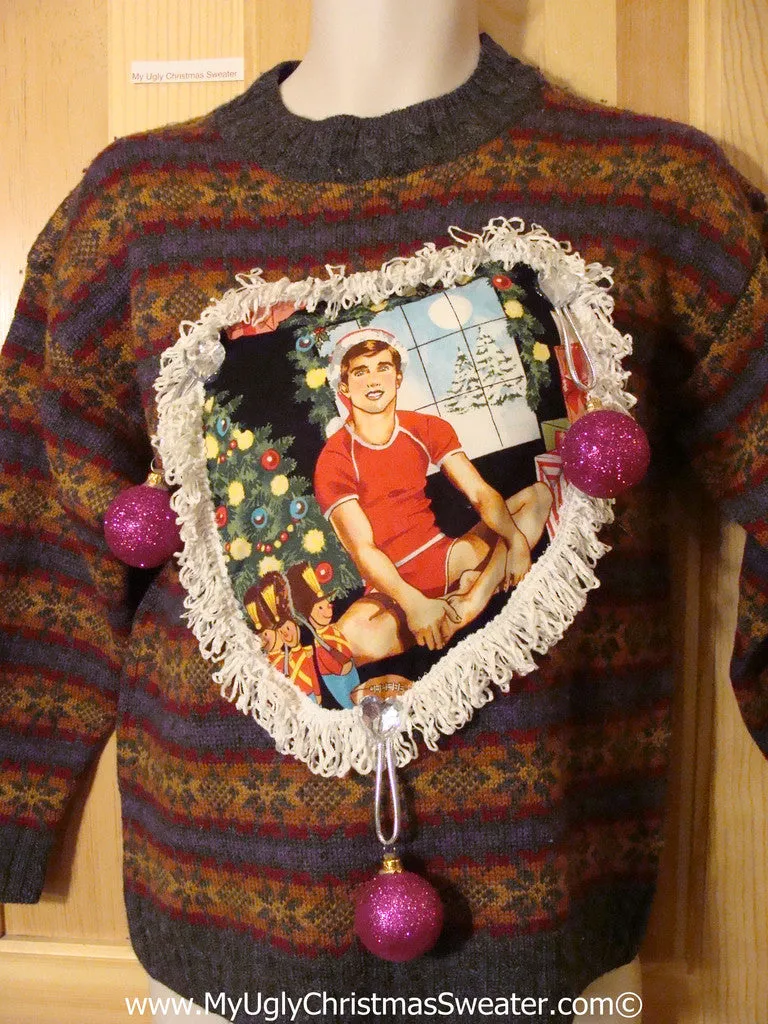 Hottie Guy Tacky Ugly Christmas Sweater Dangling Fringe & 3D Ornaments (b56)