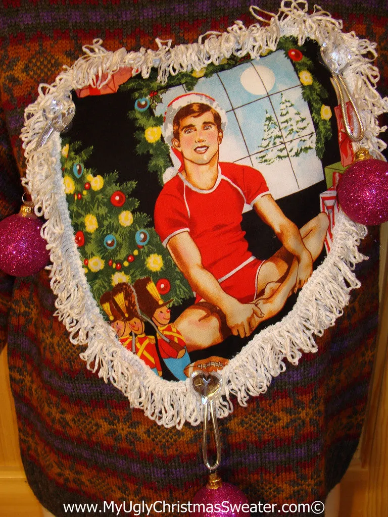 Hottie Guy Tacky Ugly Christmas Sweater Dangling Fringe & 3D Ornaments (b56)