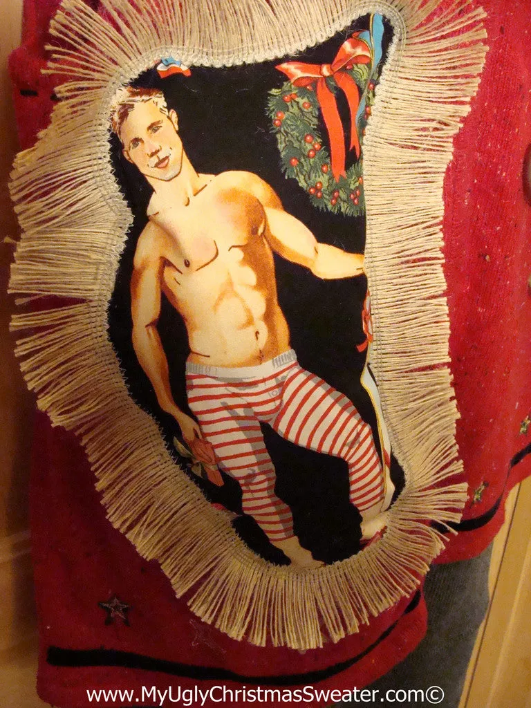 Hottie Guy Tacky Ugly Christmas Sweater Vest Dangling Fringe & 3D Ornaments (b21)