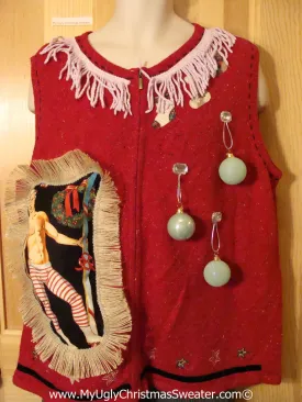 Hottie Guy Tacky Ugly Christmas Sweater Vest Dangling Fringe & 3D Ornaments (b21)