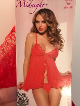 <€€* Womens Medium Seven ‘Til Midnight 2pc Babydoll Chemise & Thong Red Chiffon Lace NWT