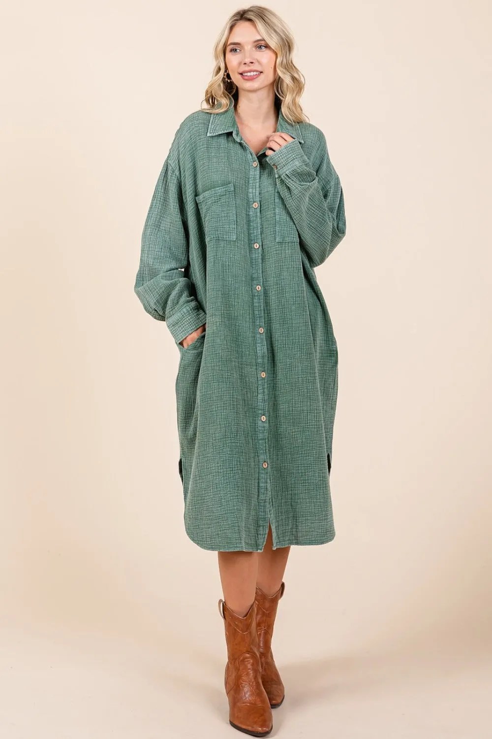 Mineral Wash Cotton Gauze Midi Shirt Dress