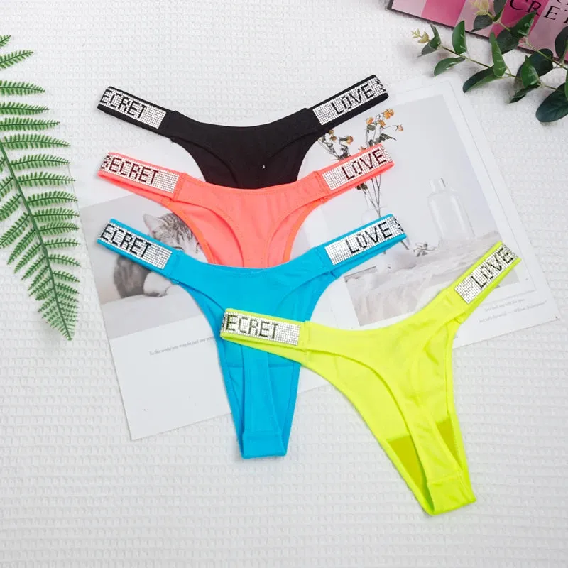 Sexy Women Thong Rhinestone Panties Low Waist G String Seamless Bright Color Underwear Secret T Back Lingerie Underpantie Tanga