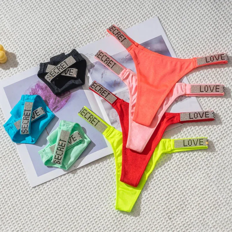 Sexy Women Thong Rhinestone Panties Low Waist G String Seamless Bright Color Underwear Secret T Back Lingerie Underpantie Tanga