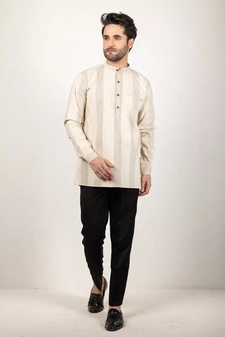 Two-Tone Yarn Dyed Cream Short Kurta