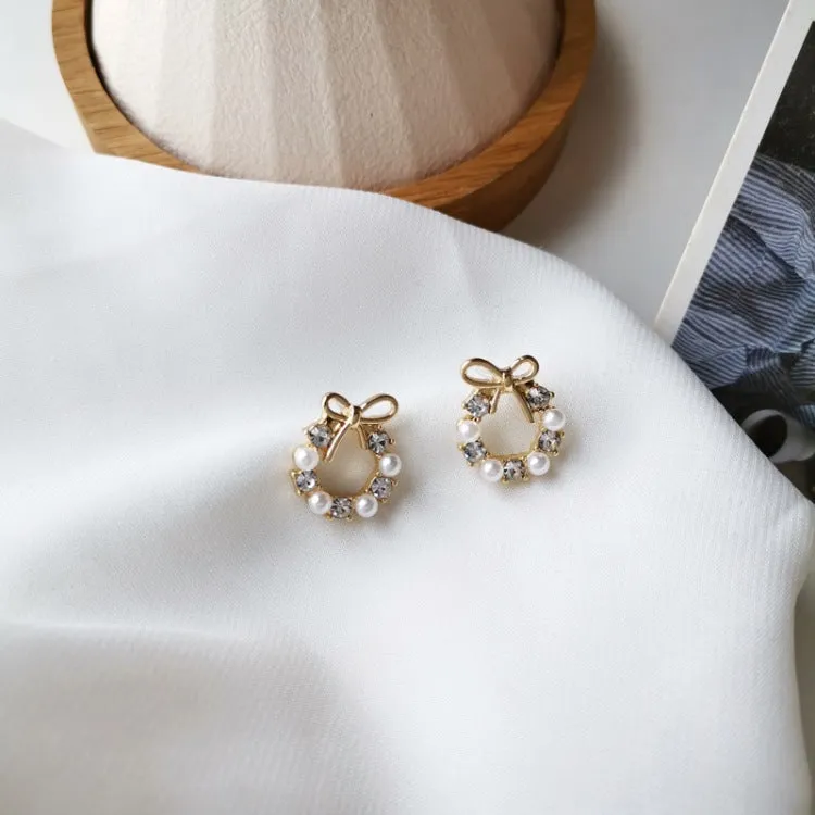 White Flower Wreath Crystal Rhinestone Invisible Clip On Stud Earrings