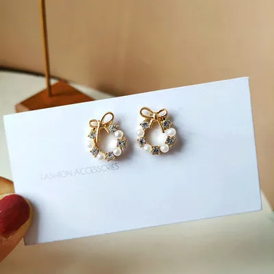 White Flower Wreath Crystal Rhinestone Invisible Clip On Stud Earrings