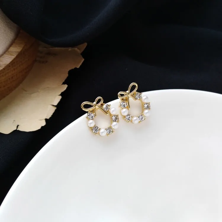 White Flower Wreath Crystal Rhinestone Invisible Clip On Stud Earrings