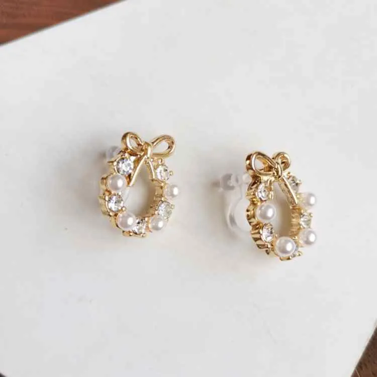 White Flower Wreath Crystal Rhinestone Invisible Clip On Stud Earrings