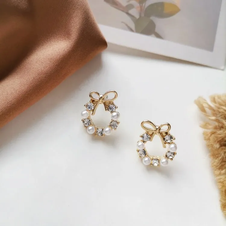 White Flower Wreath Crystal Rhinestone Invisible Clip On Stud Earrings