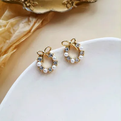 White Flower Wreath Crystal Rhinestone Invisible Clip On Stud Earrings