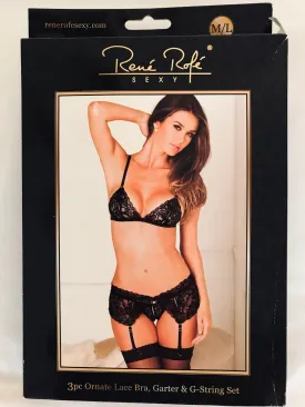 Womens Medium/Large Rene Rofe’ 2pc Black Lace Bra & Garter NWT