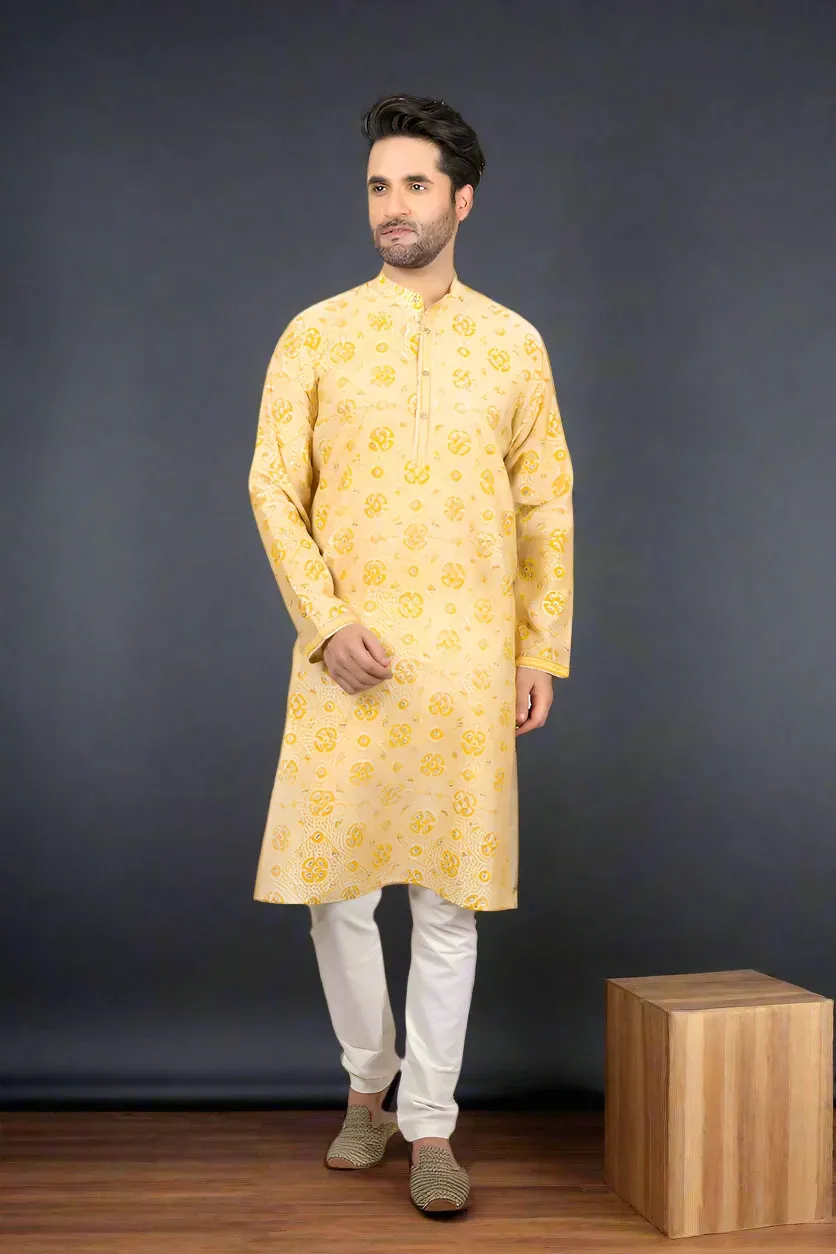 Yellow-Printed Chanderi Kurta